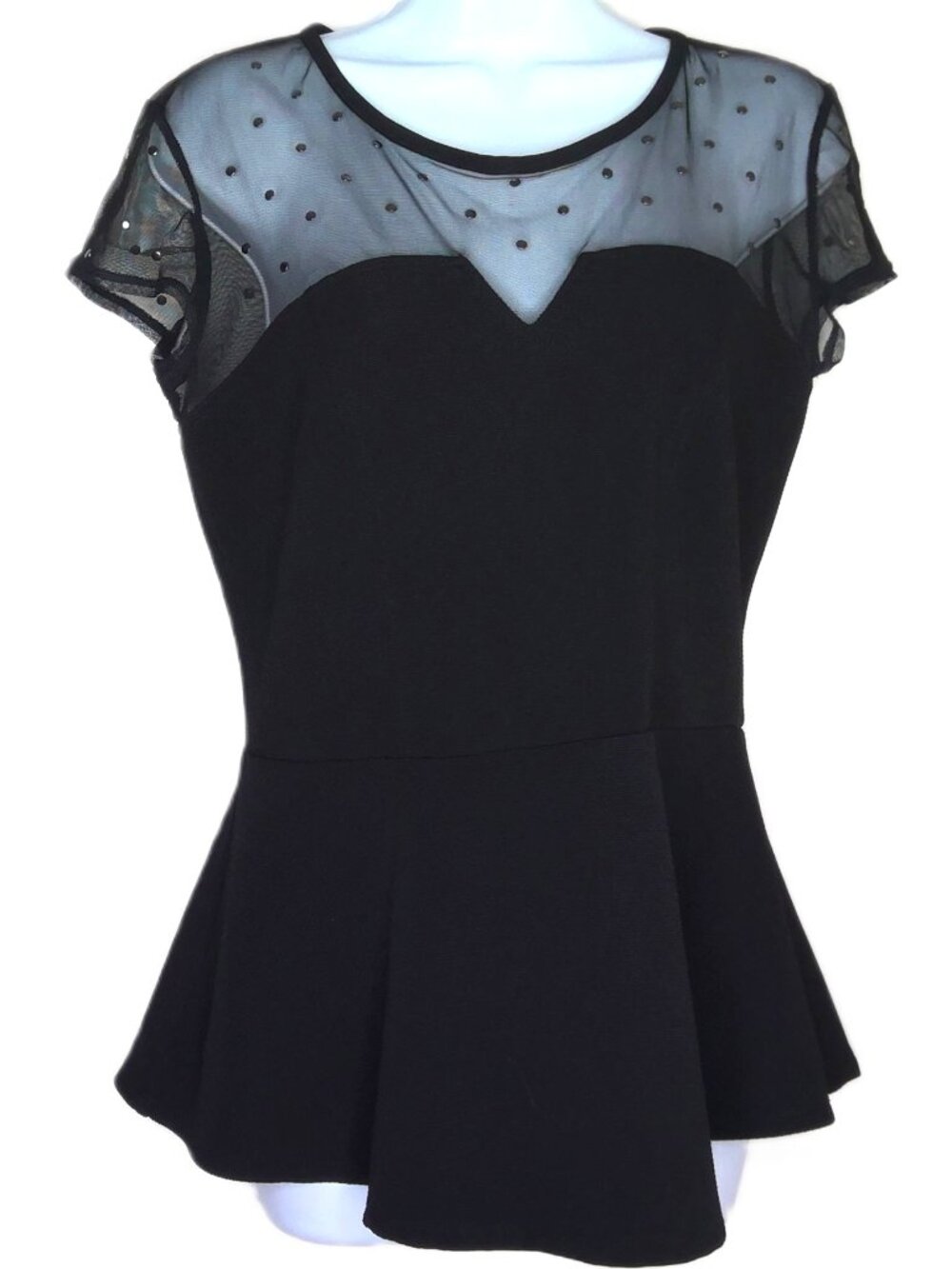 Xhilaration Black Peplum Top Mesh & Gunmetal Stud Trim Keyhole Back Stretch Sz L
